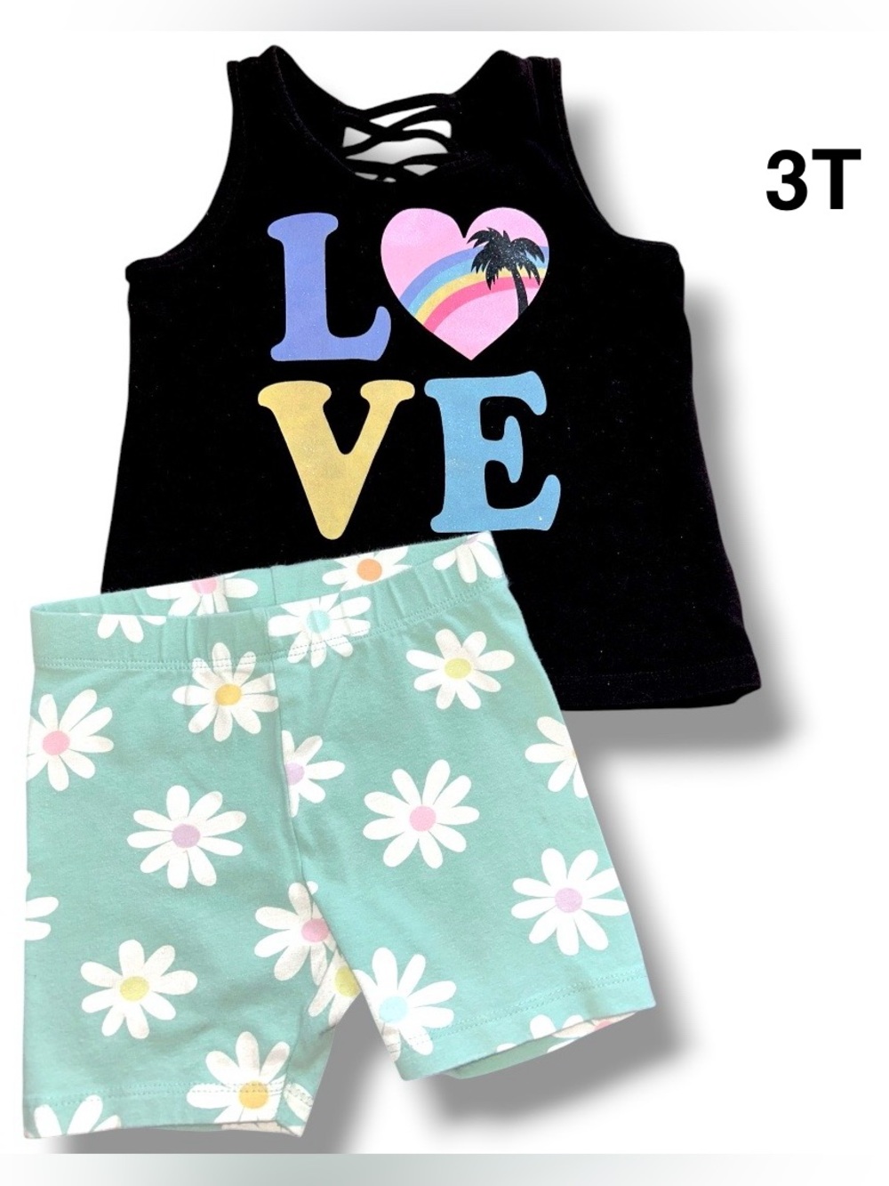 Girls' Black "LOVE" Tank with Mint Daisy Bike Shorts Outfit Size 3T.